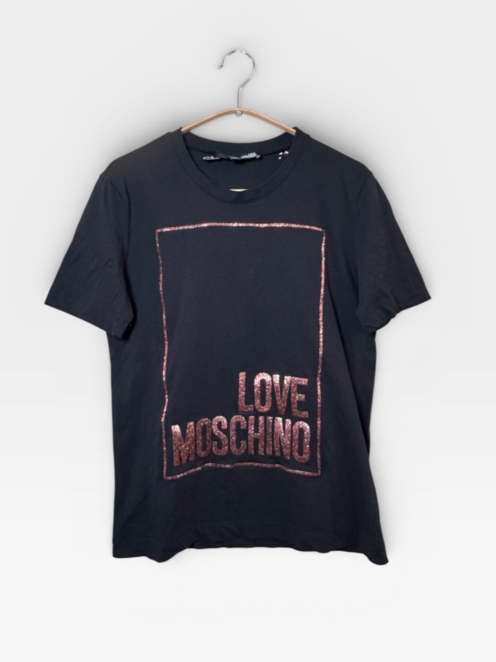LOVE MOSCHINO Black Cotton T-Shirt Red Glitter Rectangle Box & Logo Size US 4/S